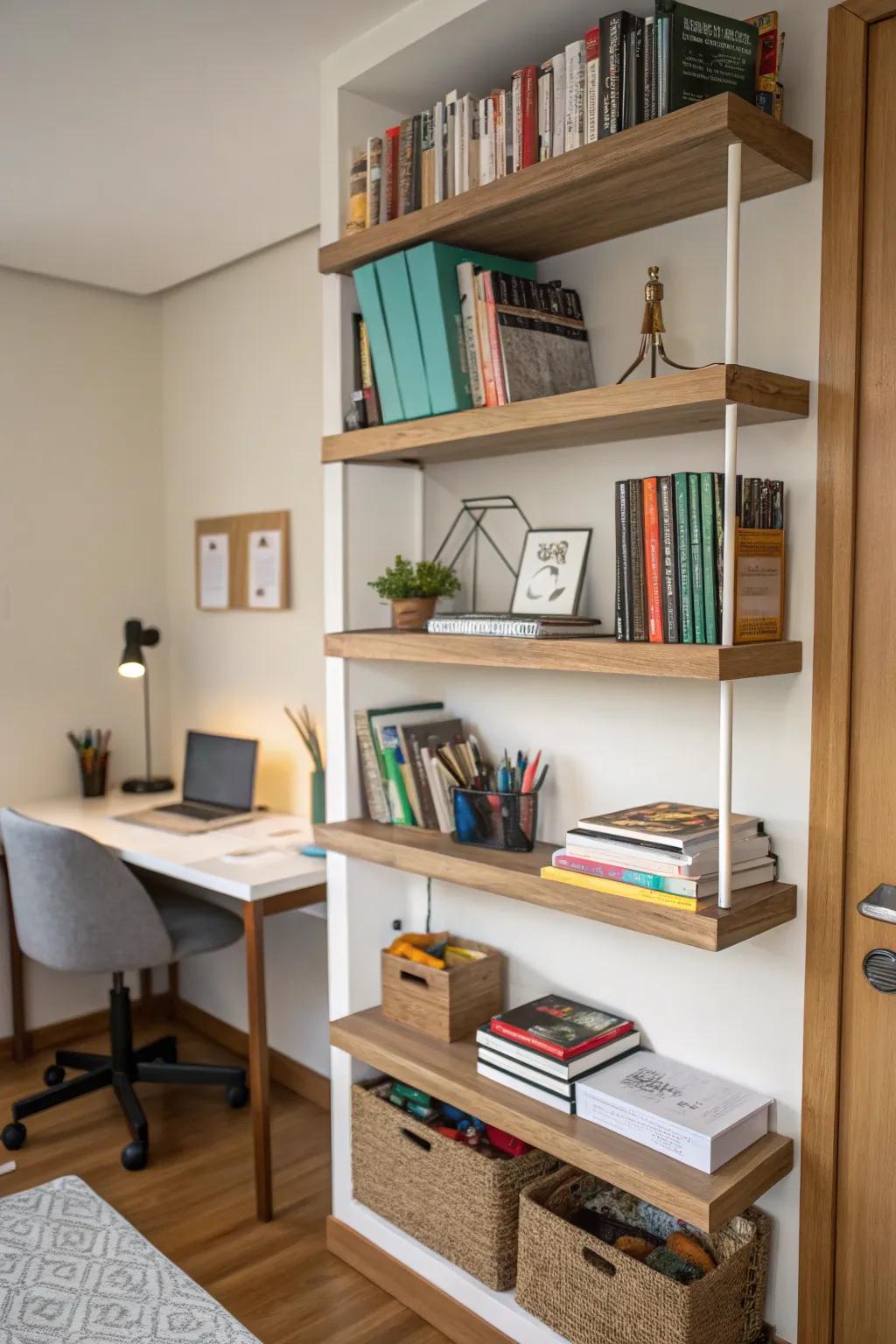 Wall-mounted shelves provide stylish and space-saving storage.
