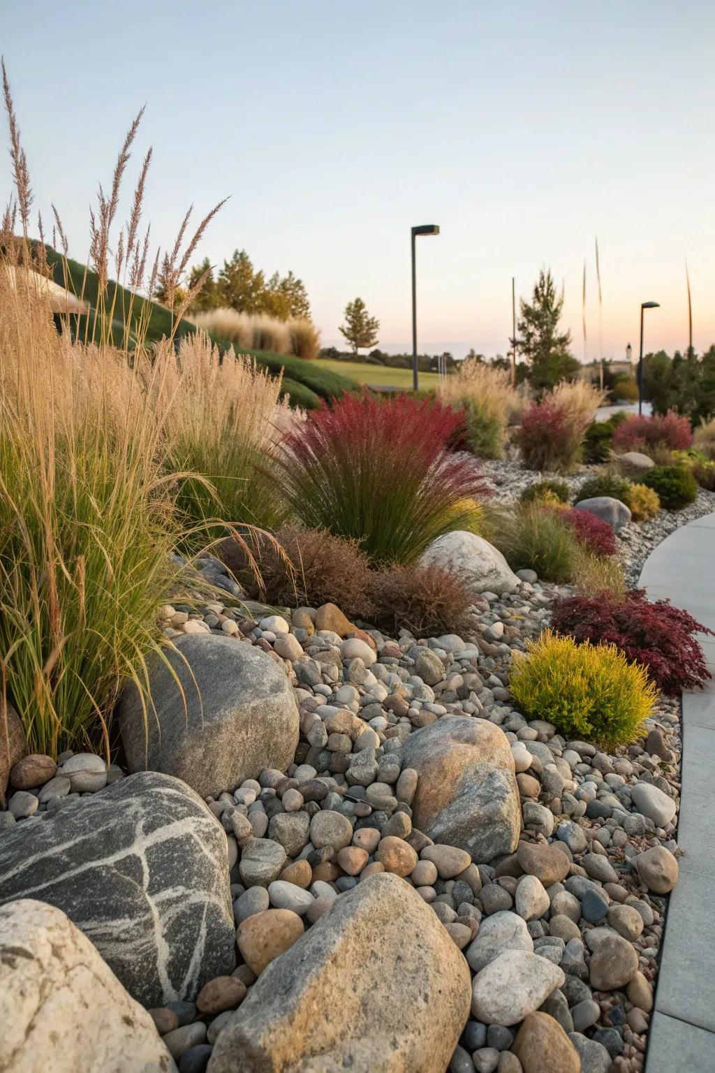 Decorative turfs provide contrast in a rock landscape setting.