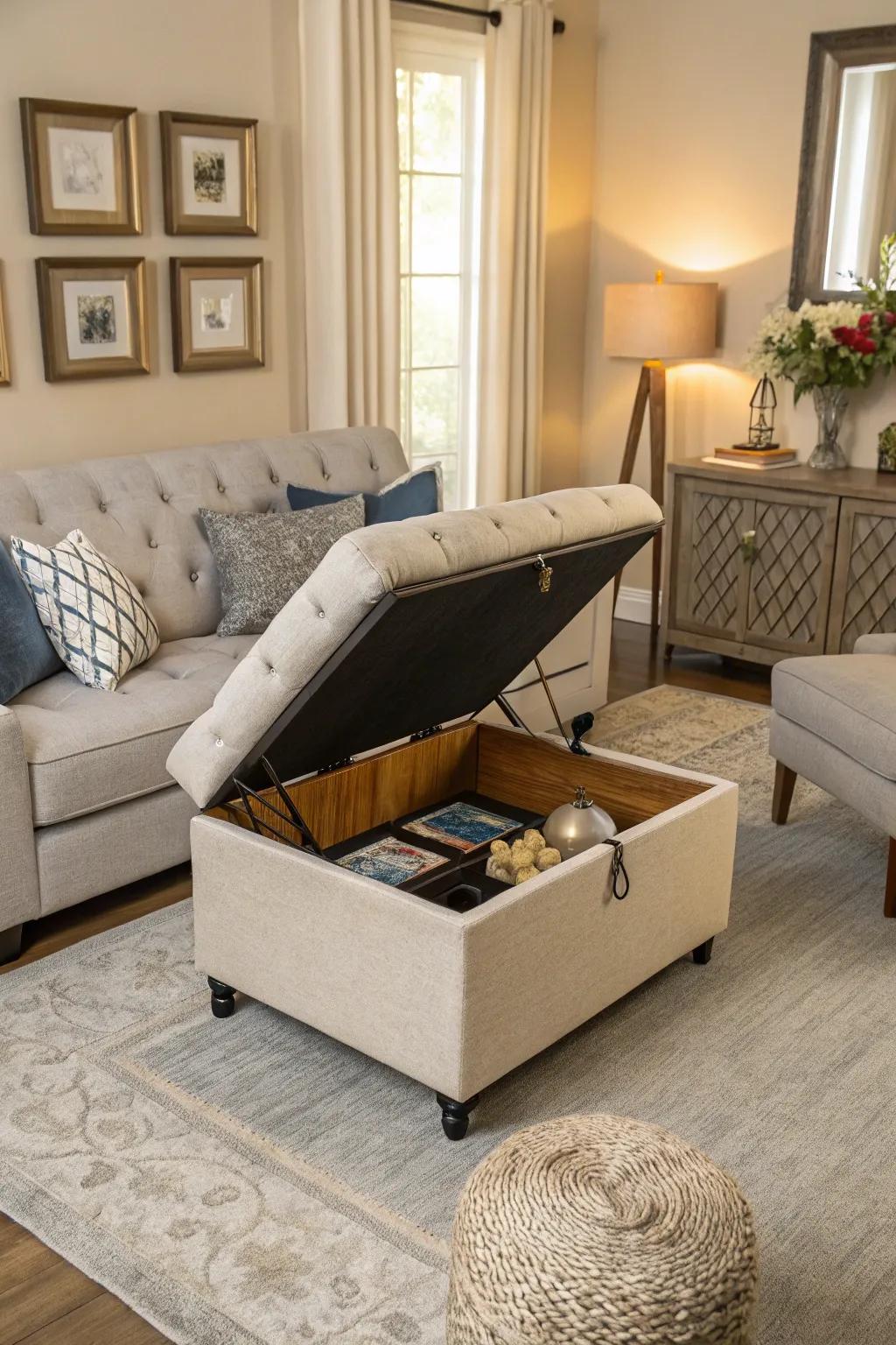 A multi-functional ottoman maximizes efficiency in petite seating spaces.