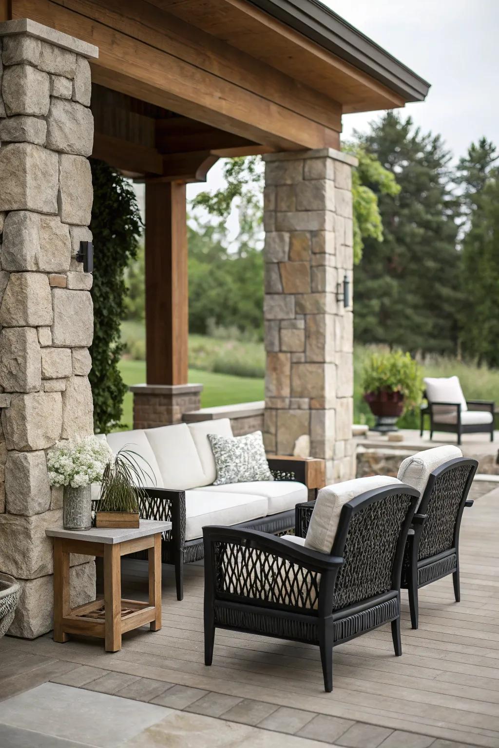 Natural textures amplify the allure of this black and white patio.