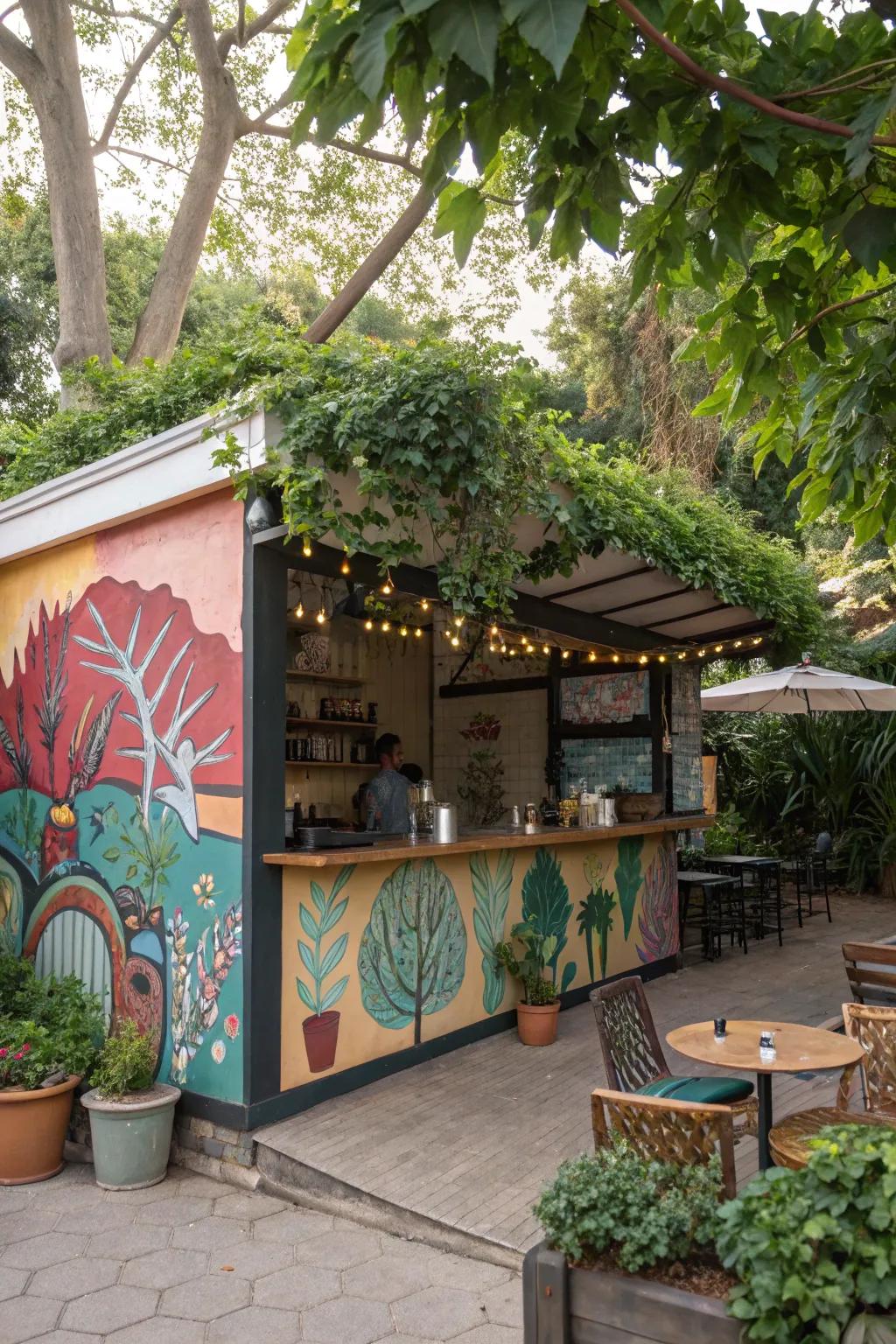 An artfully designed coffee bar showcasing striking mural backdrops.