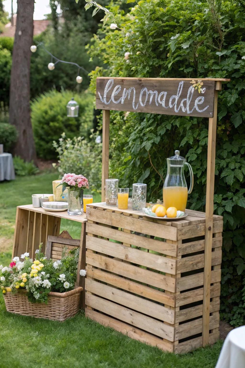 A lemonade stand brings a sense of childhood to outdoor parties.
