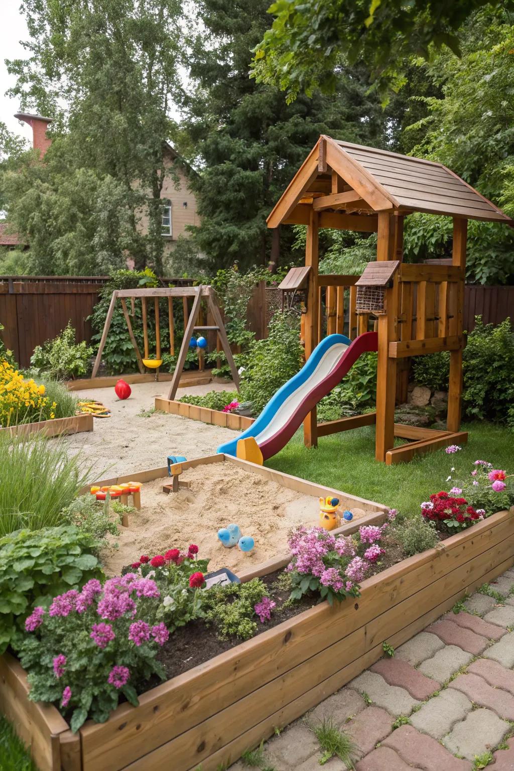 A kids' play area makes the garden family-friendly.