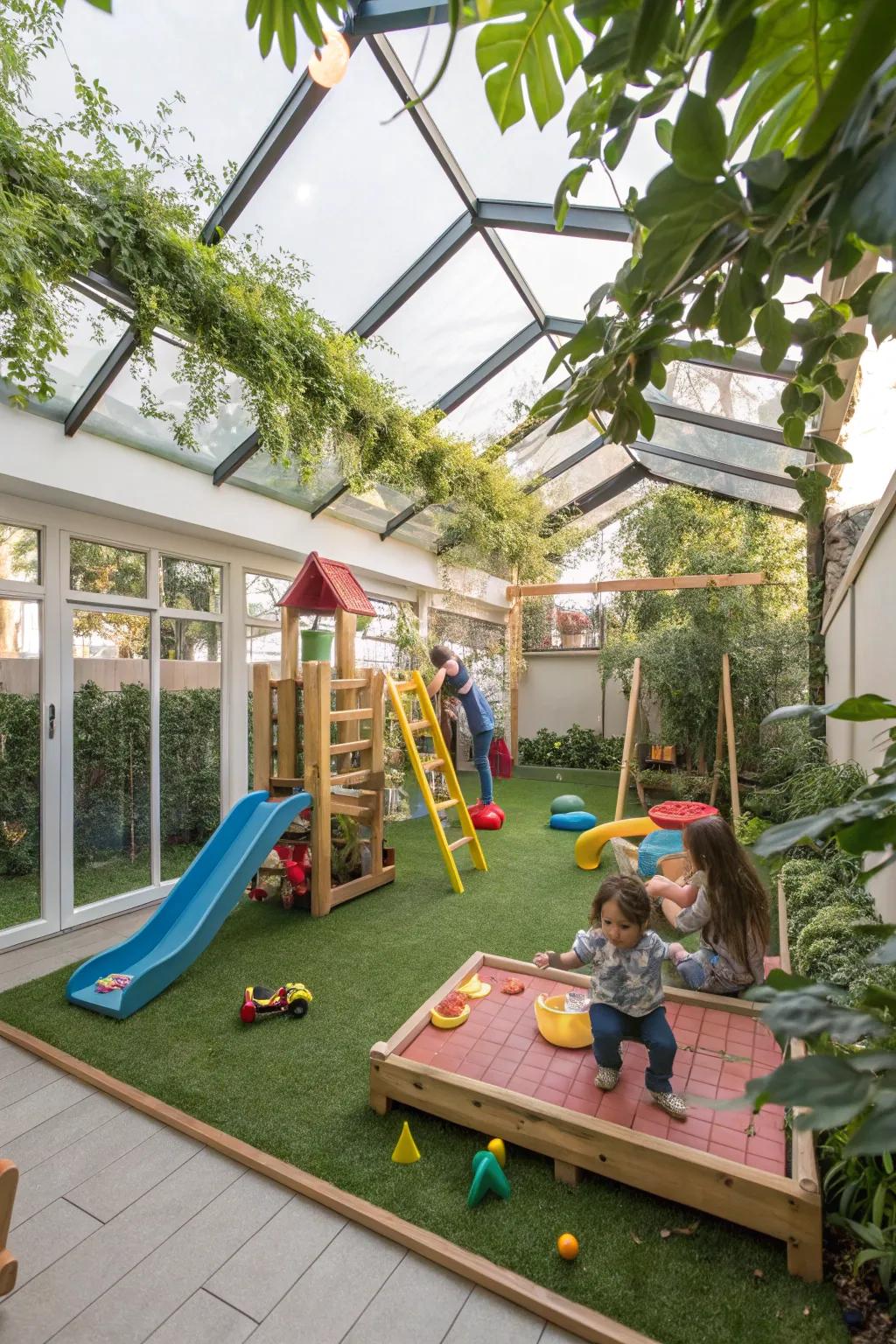 A fun and safe children's play zone in a garden location.