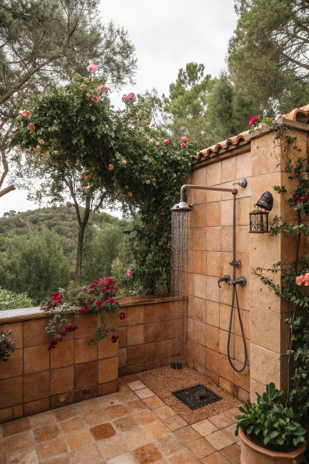 A Mediterranean-inspired outdoor shower with earthenware pavers.