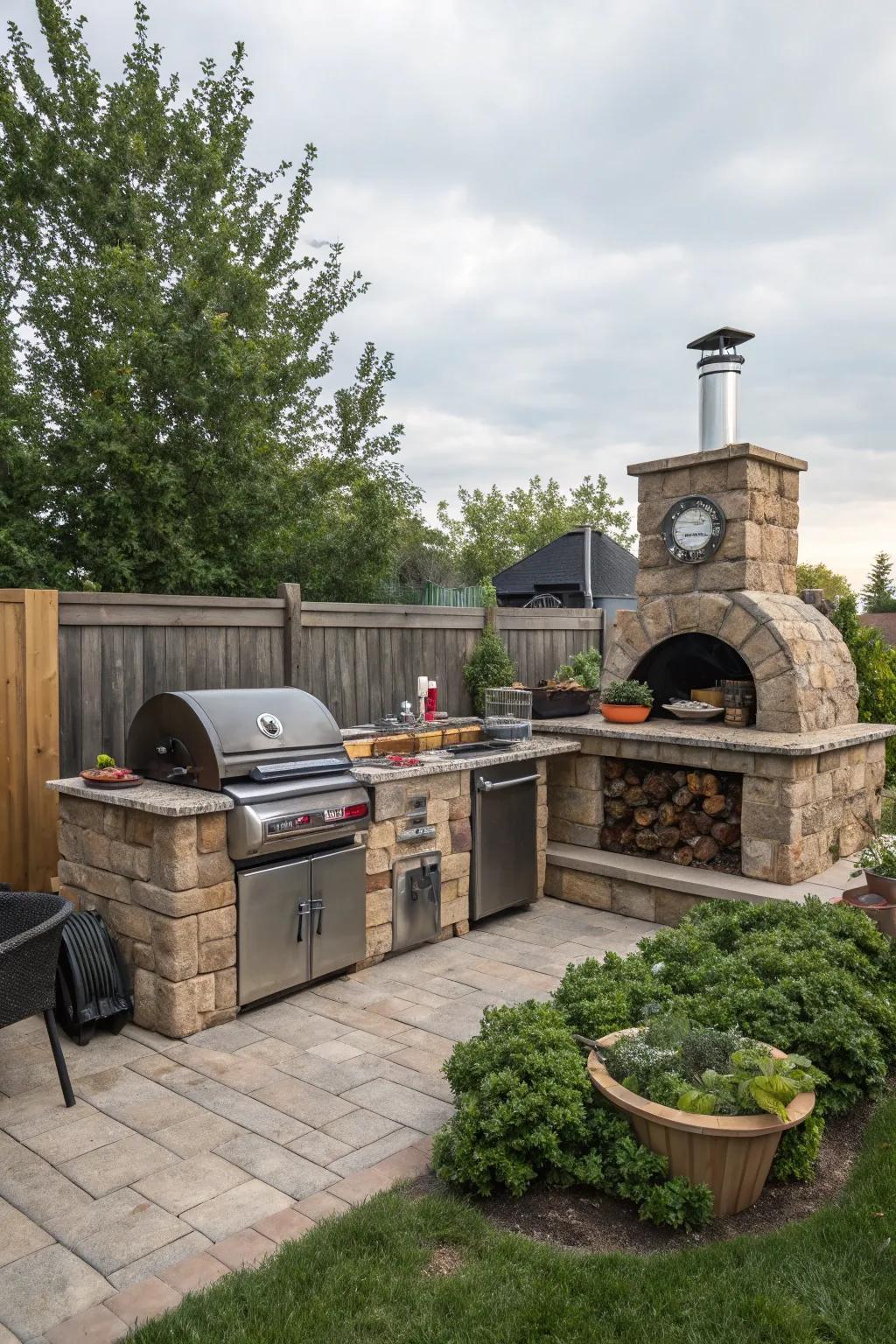 A multi-function BBQ setup offers diverse cookery options.