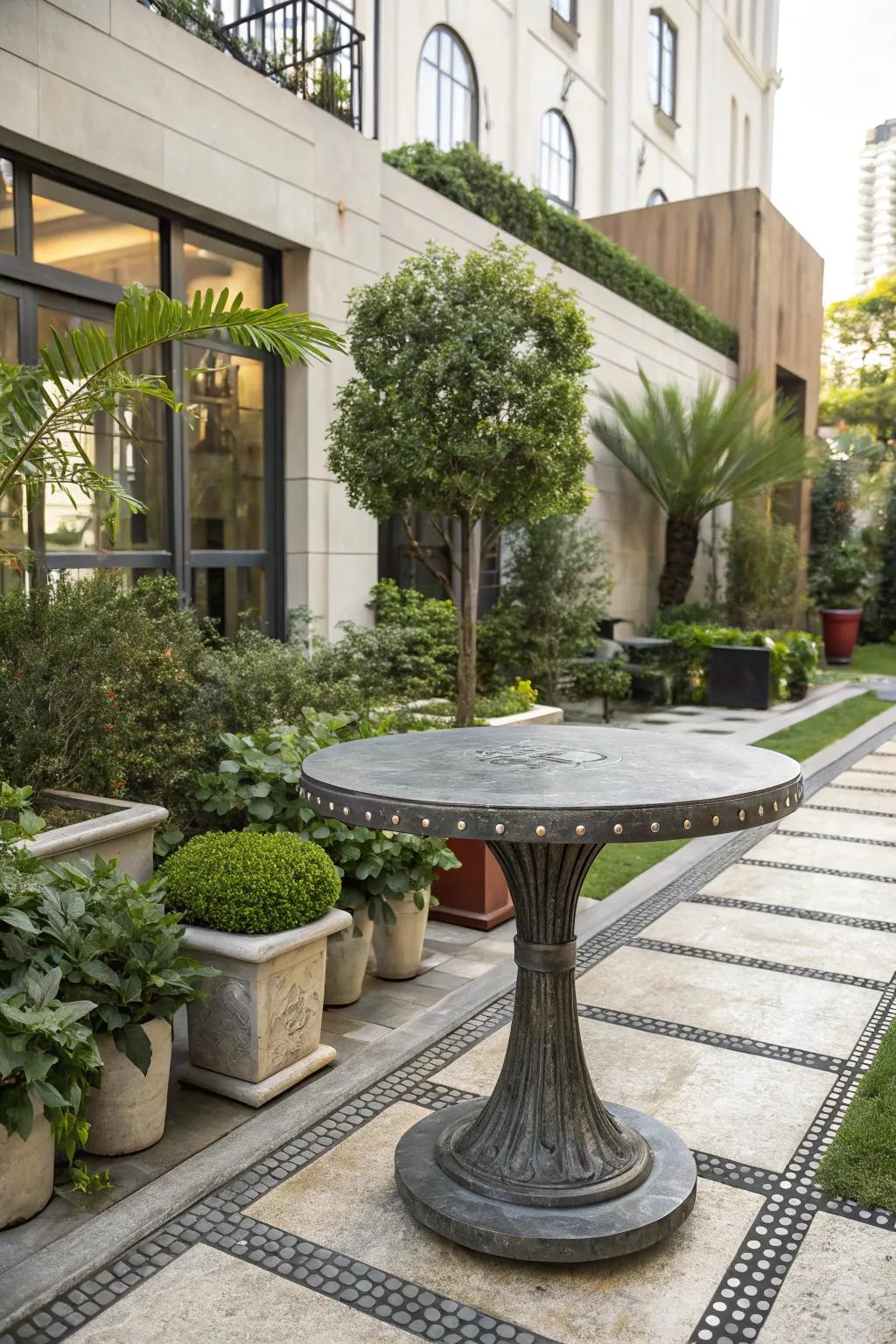 Metal table tops bring an industry edge to outdoor design.