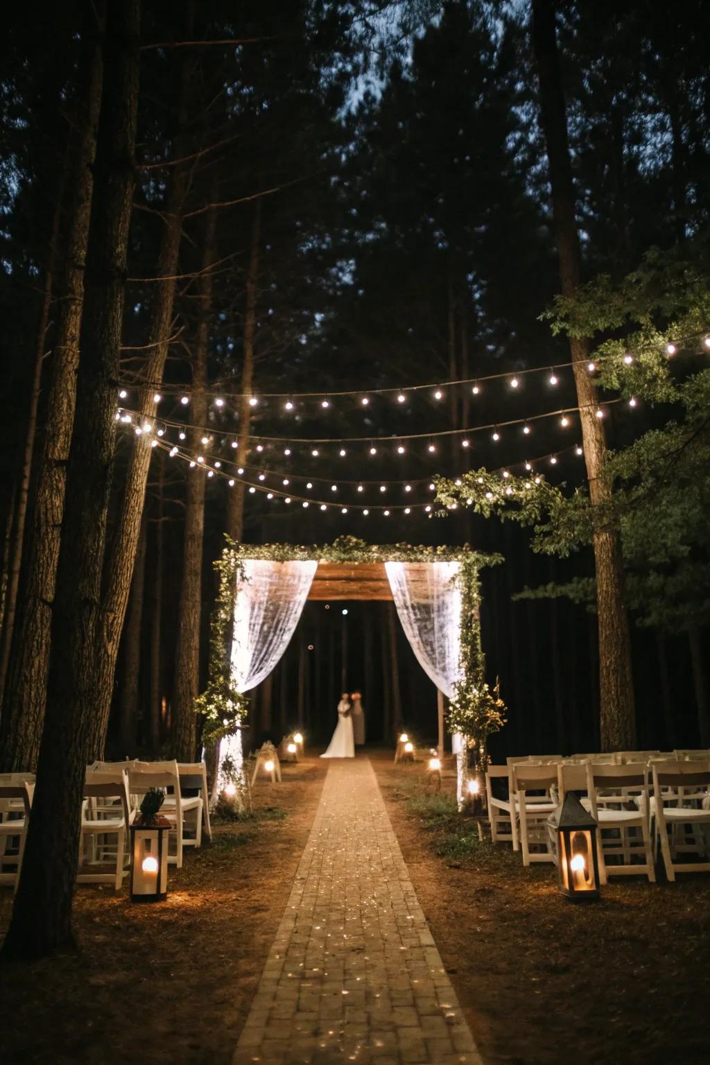 A overlay of fairy lights adds enchantment to the aisle.