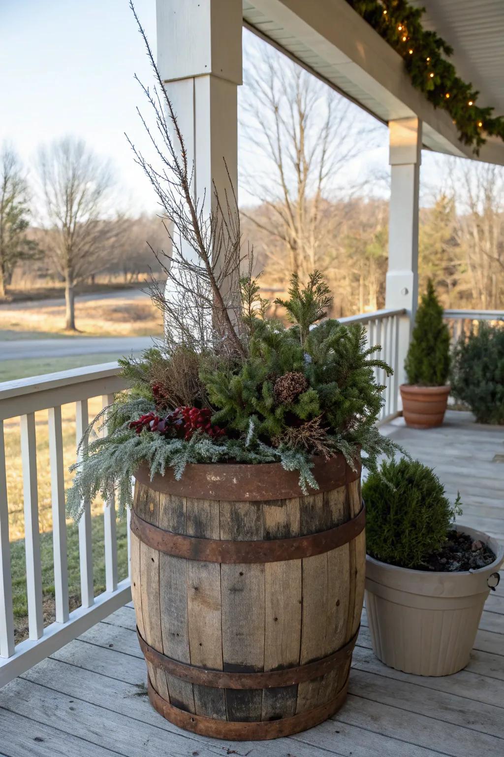 Country containers contribute warmth and charm to winter displays.