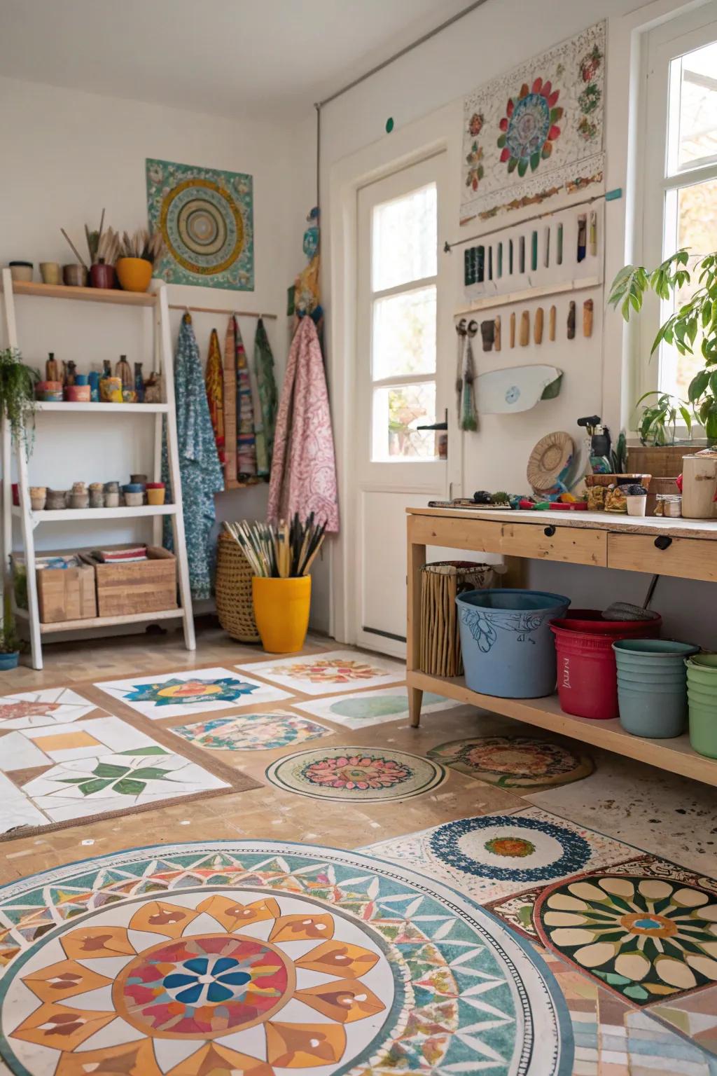 Mosaic patterns transmute flooring into artistic canvases.