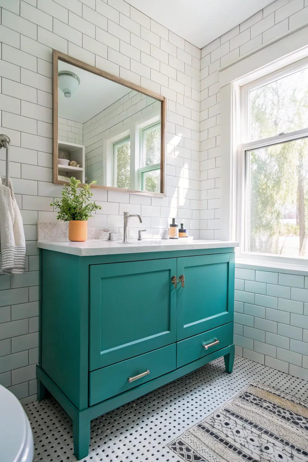 Blue-green vanities add energy and sophistication.