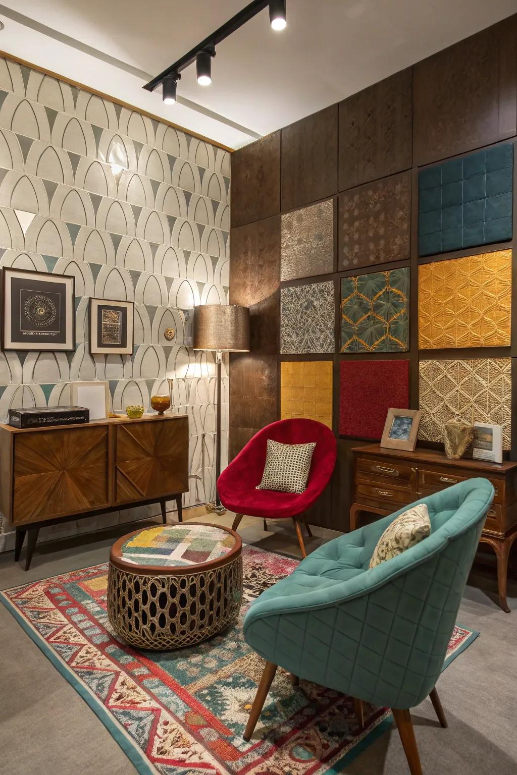 Room featuring eclectic asymmetric board designs.