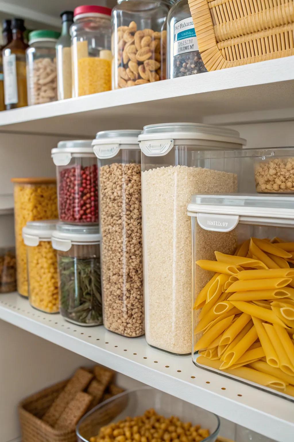 A pantry shelf arranged with clear storage containers for grains and pasta.