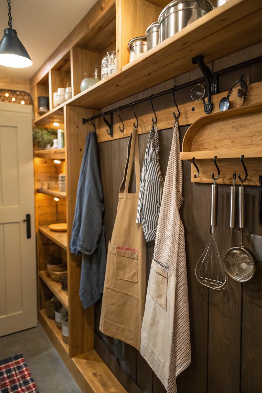 Hooks in a pantry provide additional storage for suspending items and optimize area.