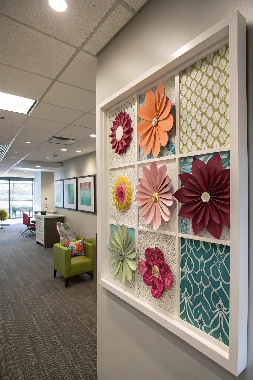 A geometric shadow box extends a contemporary artistic accent.