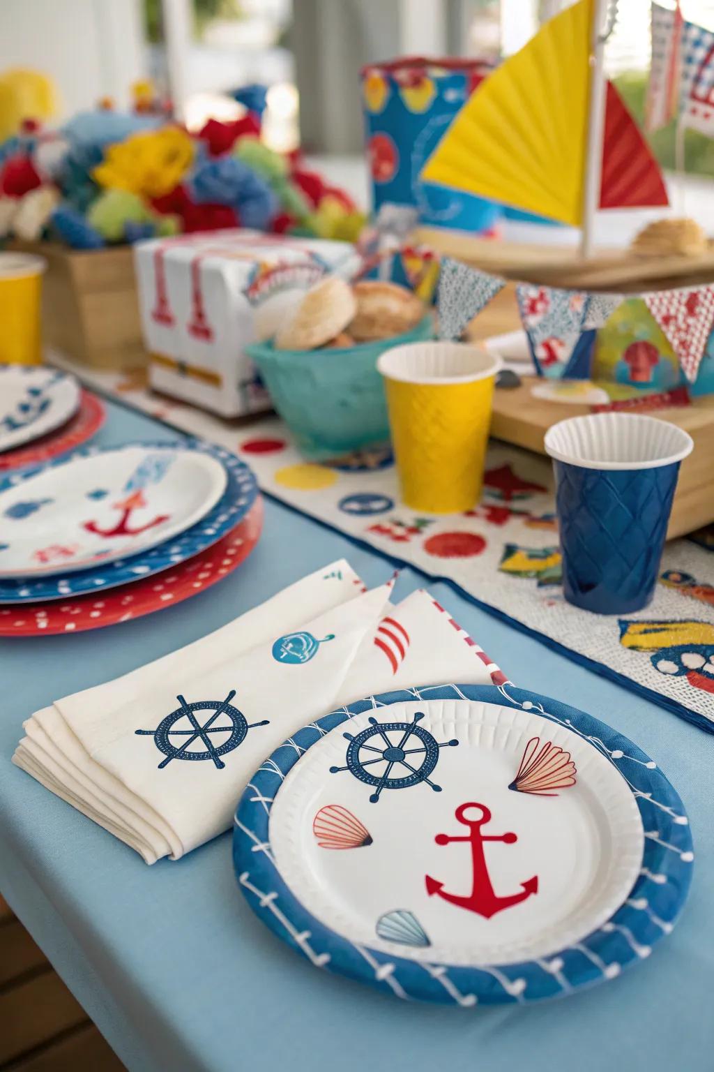 Nautical-themed tableware harmoniously setting the stage for a captivating seaside-inspired ambiance