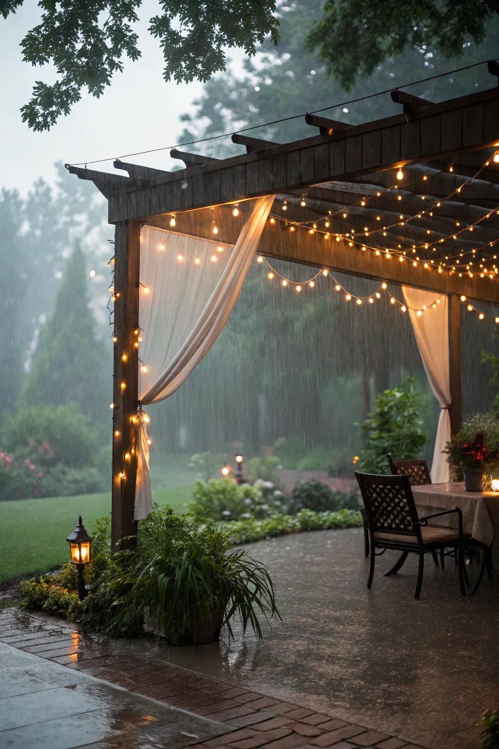 String lights canopy creates a magical ambiance in rainy weather.