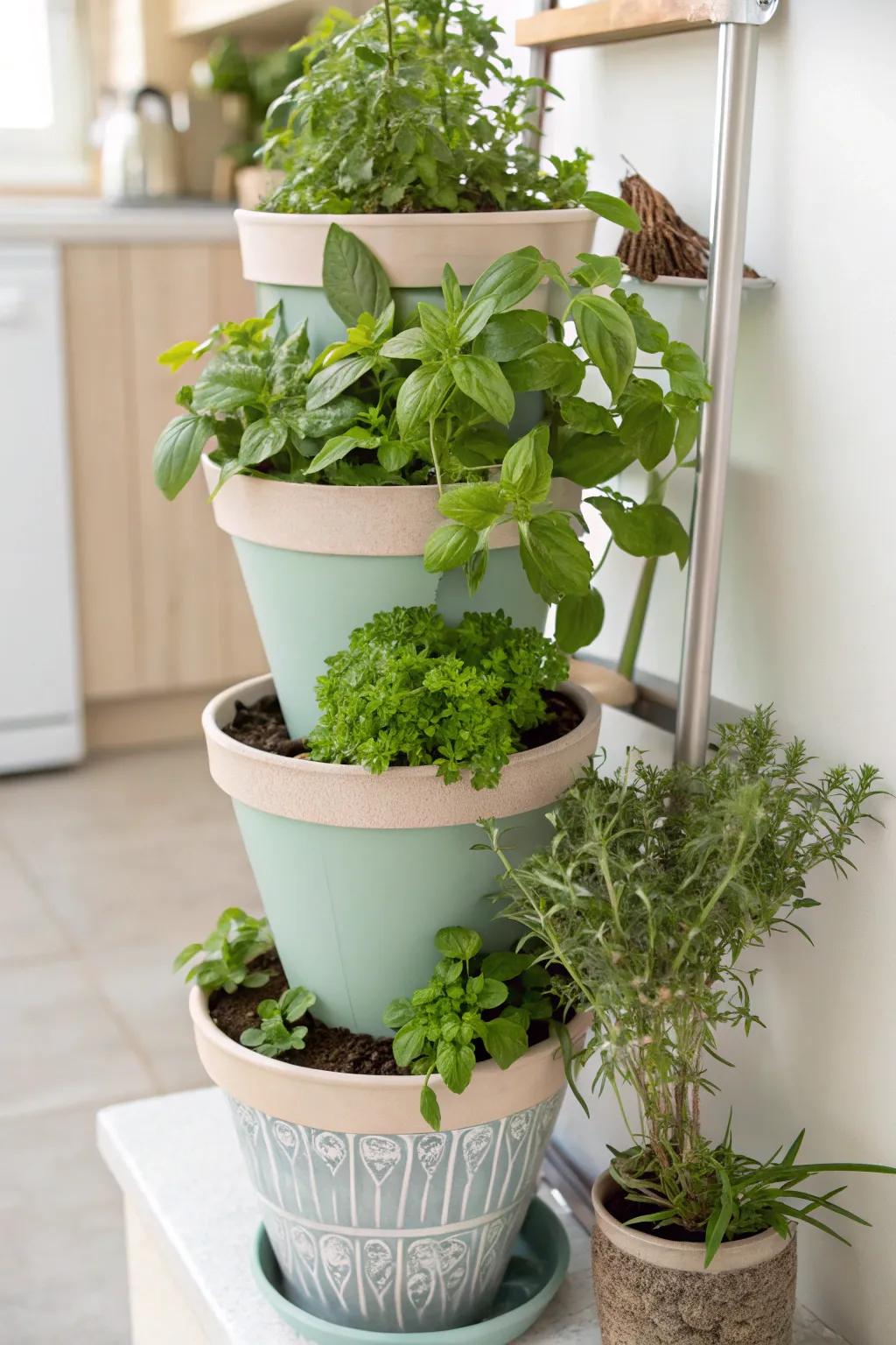 DIY herb tower fully utilizing vertical space.