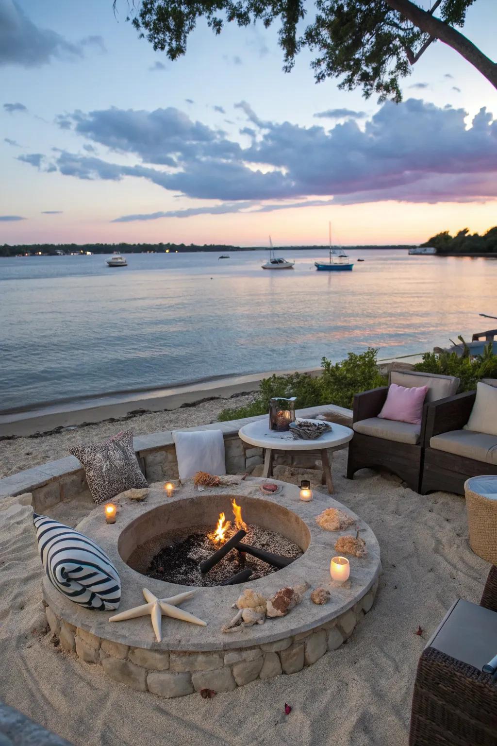 Bring the beach to your backyard with a coastal-inspired firepit zone.