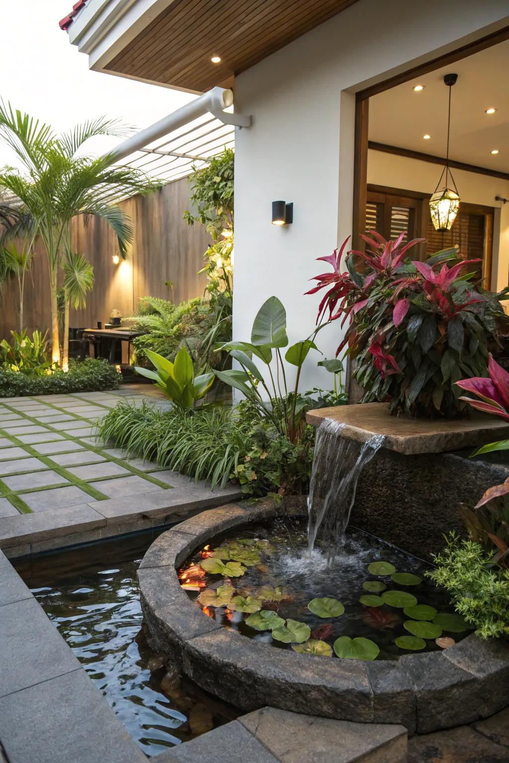Amplify relaxation with a water feature and water-loving flora.
