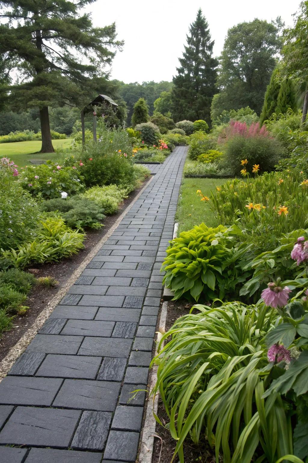 A bold basalt walkway offering a striking garden contrast.