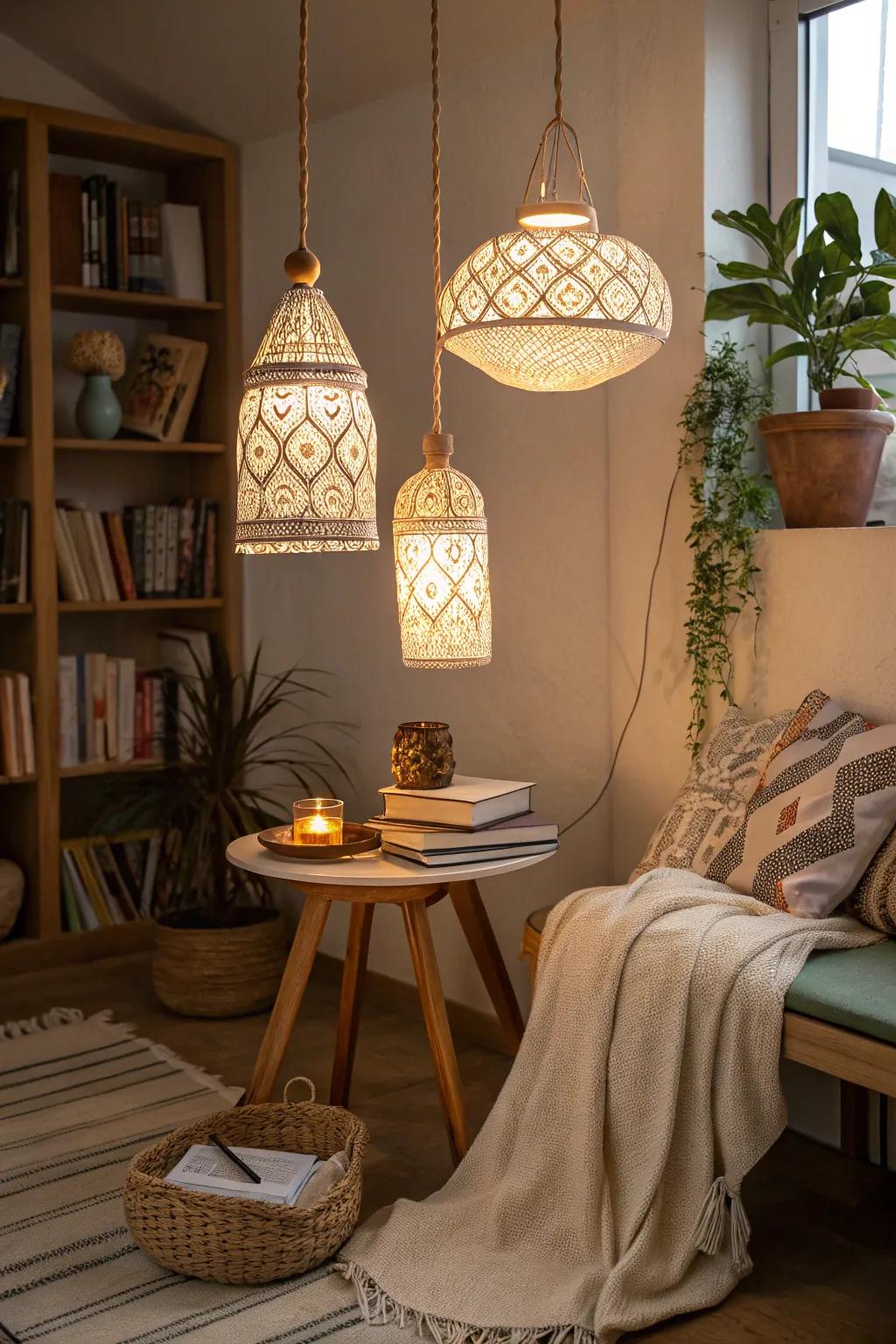 Handcrafted pendants append a personal nuance to your aesthetic.