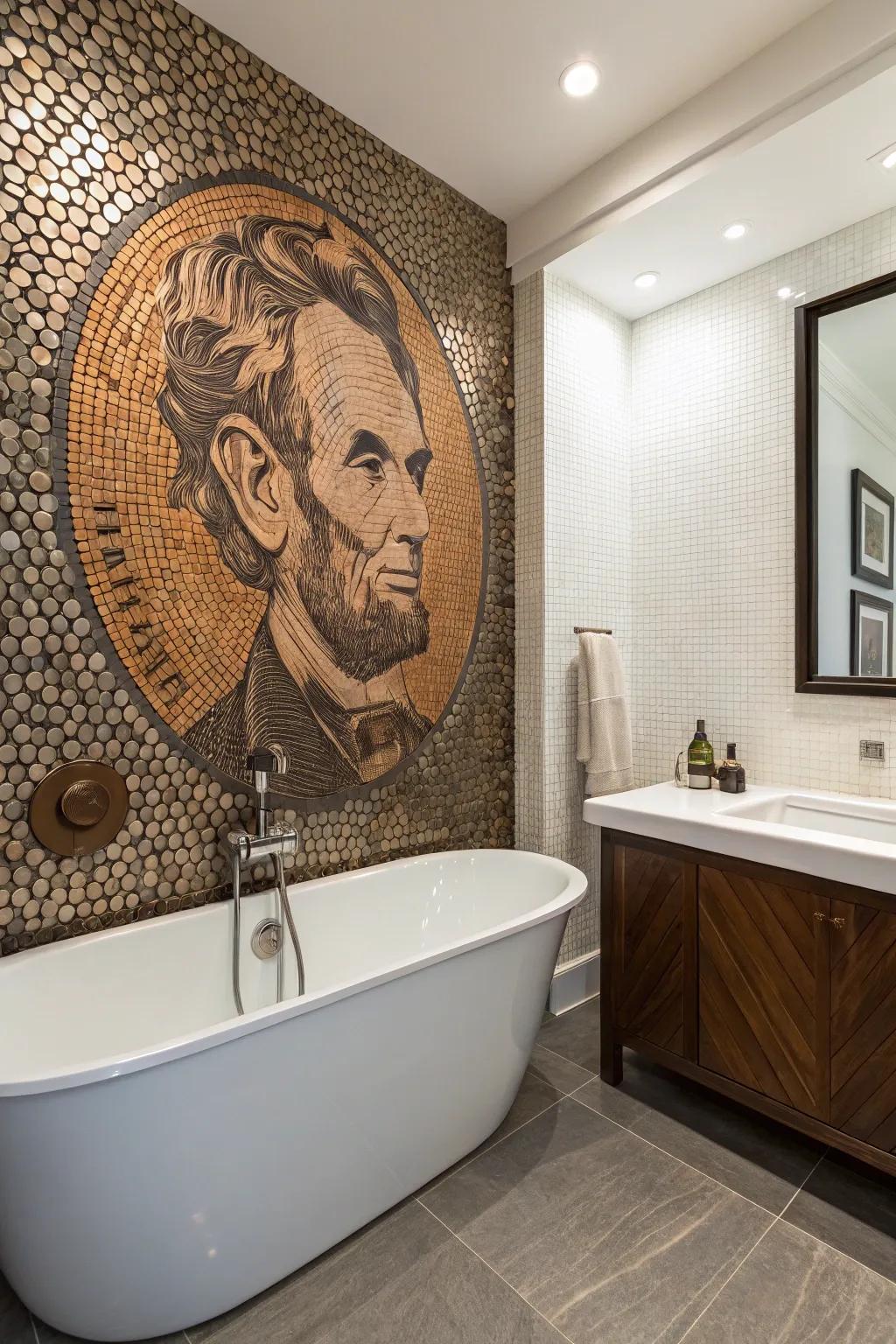 Distinctive mosaic artistry fashioned with penny rounds as a center point.