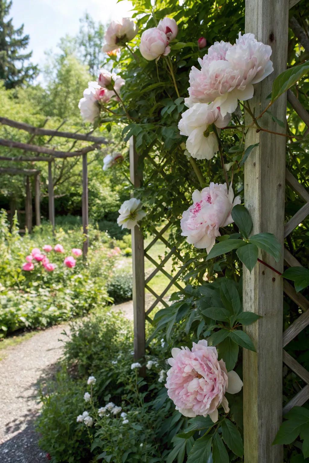 Lattices injecting altitude and whimsy into a peony garden.