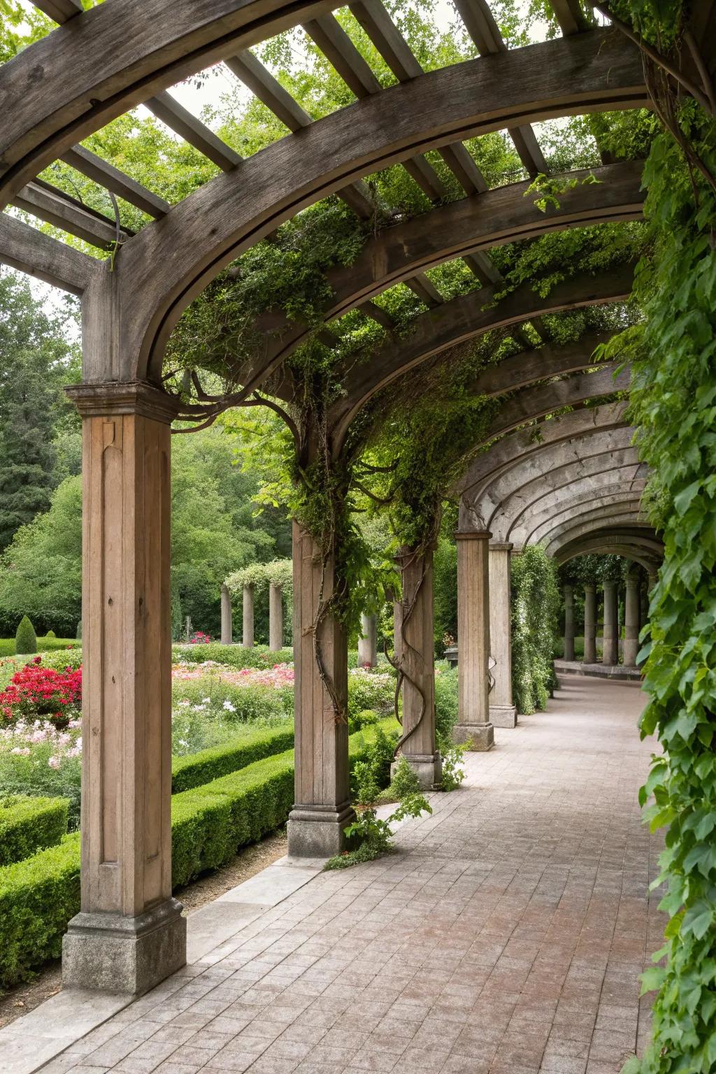 Arches assist in cultivating distinct zones within your pergola's expanse.