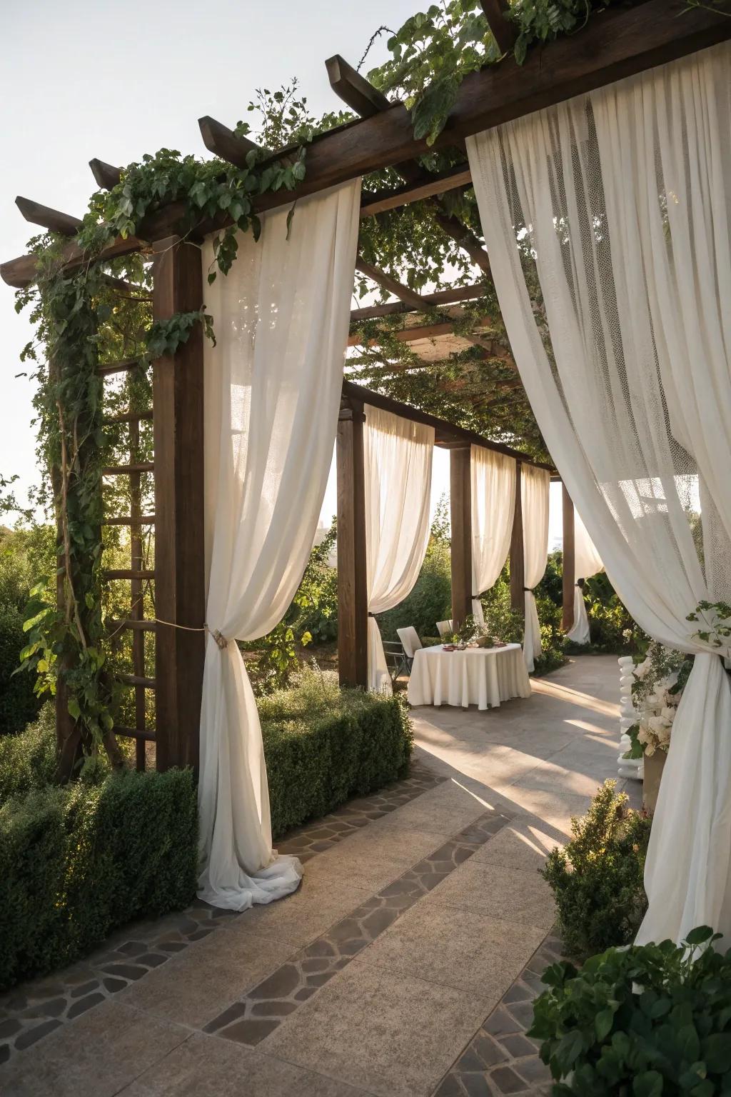 Hanging drapes introduce seclusion and refinement to your pergola.