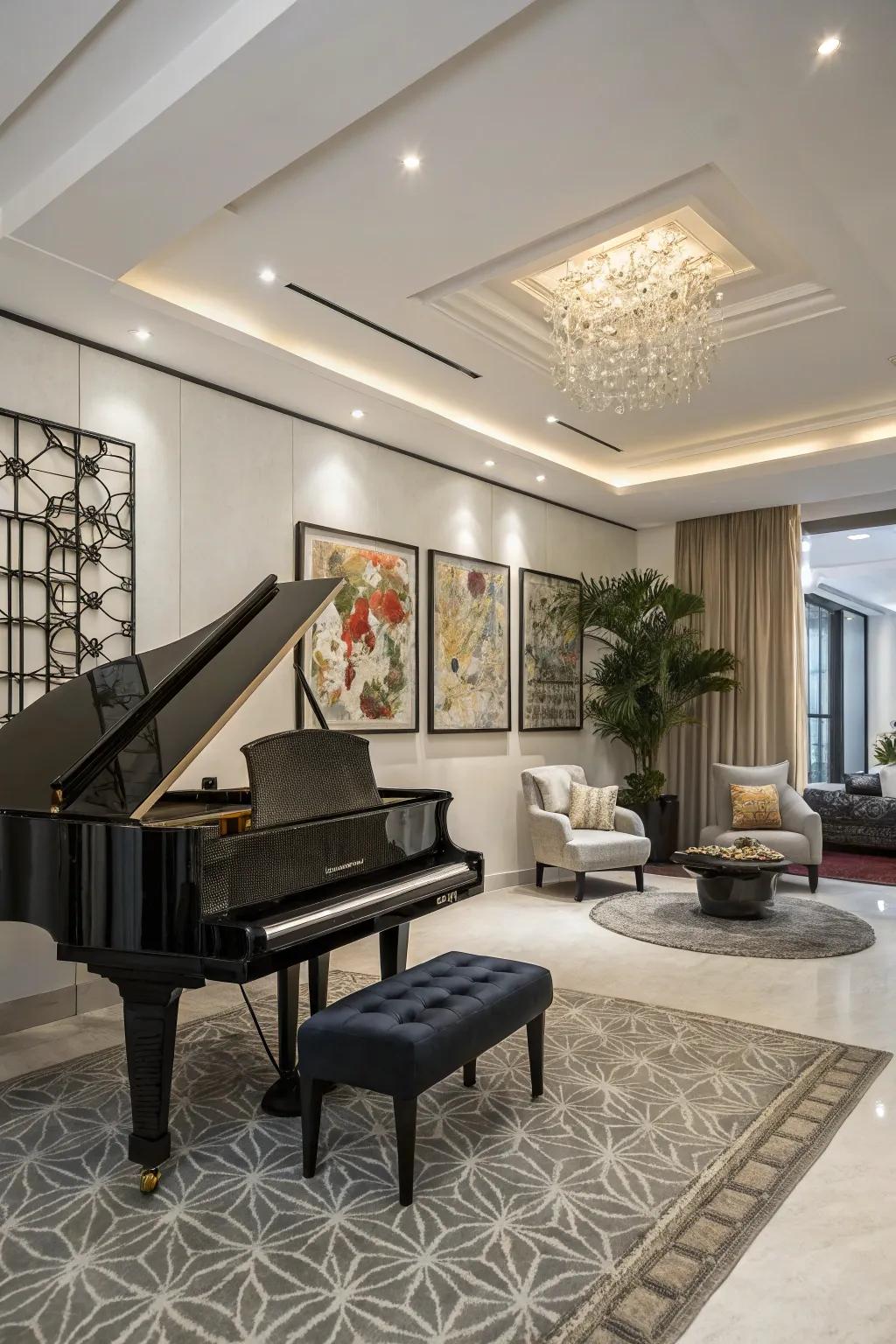 Unconventional decor introduces a dynamic and modern hint to the piano space.