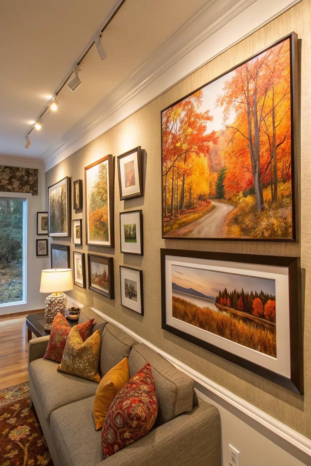 A seasonal picture wall showcasing autumn shades.