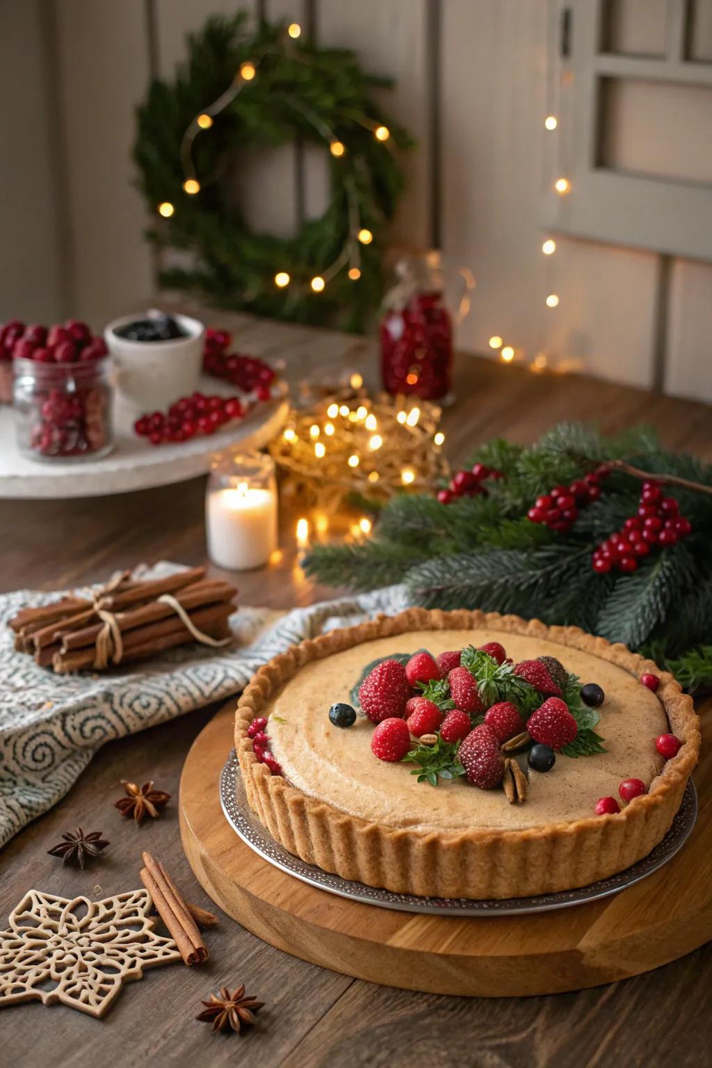 A pie featuring festive holiday-inspired decorations.