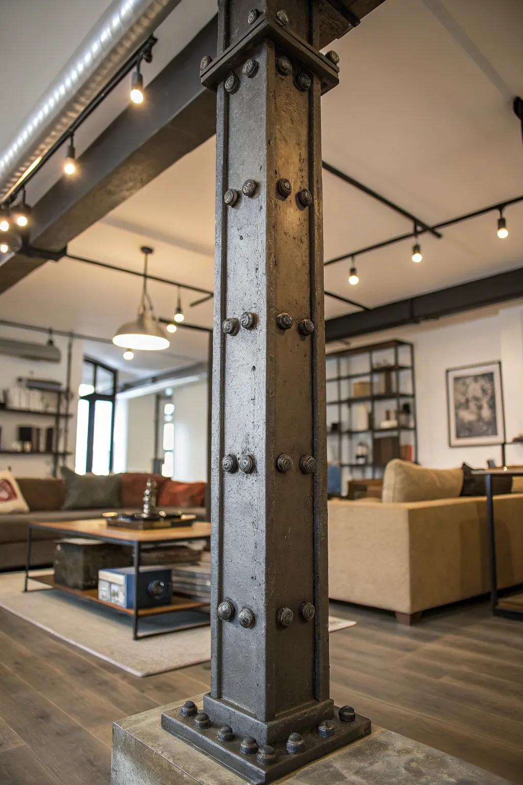Unconcealed metal elements infuse an industrial impression into pillars.