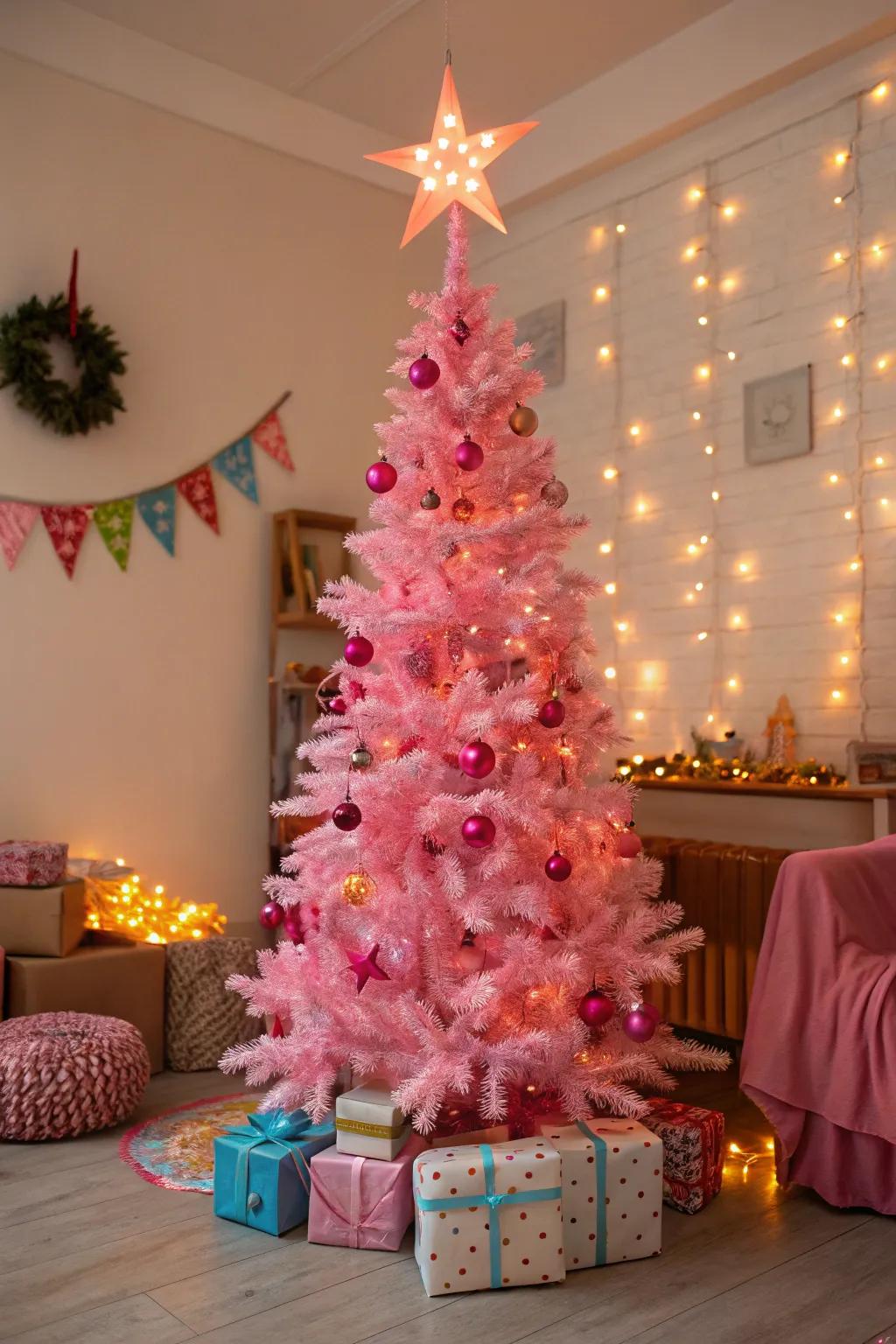 A radiant star caps off this rosy tree with classic charm.