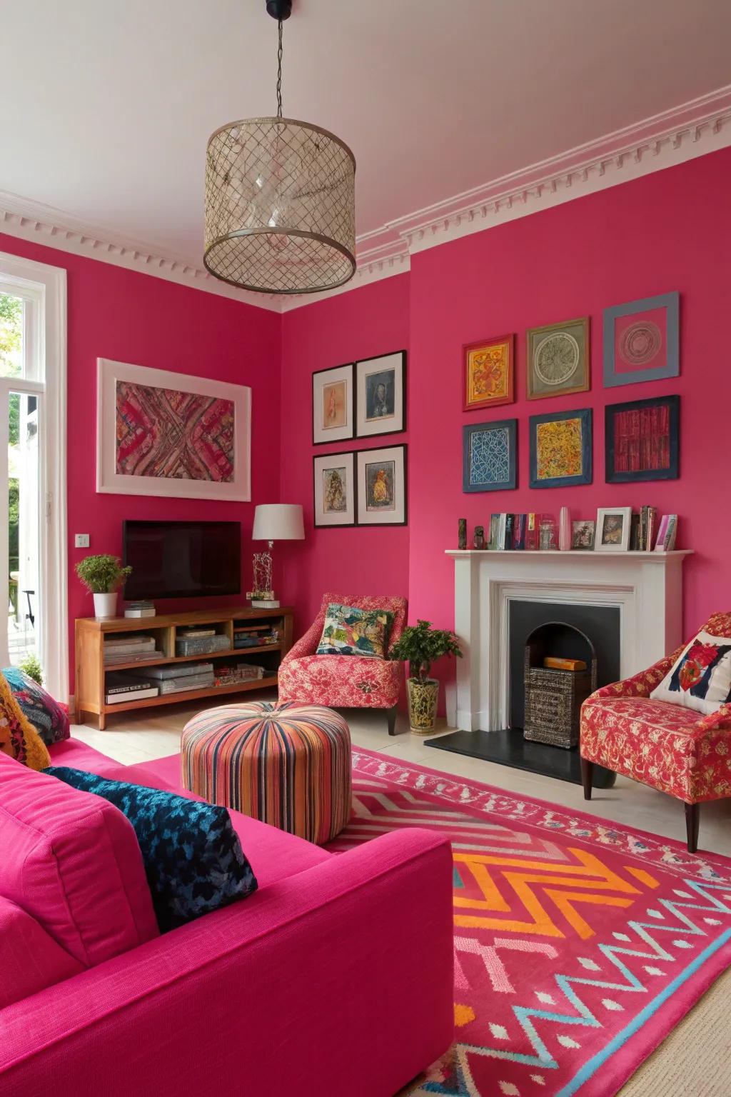Vibrant rose invigorates the room with a spirited atmosphere.