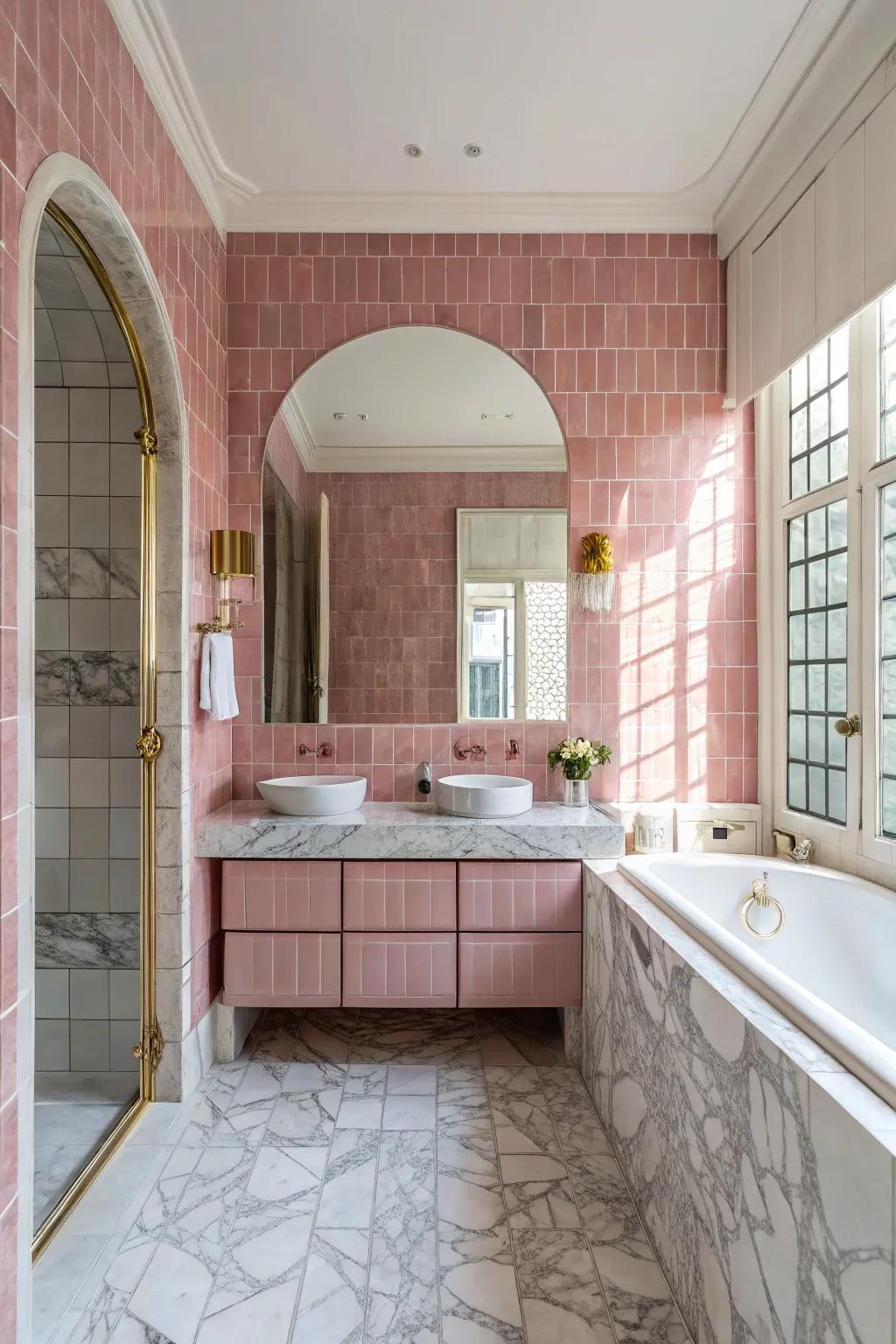 Pink tiles and marble looking chic together.