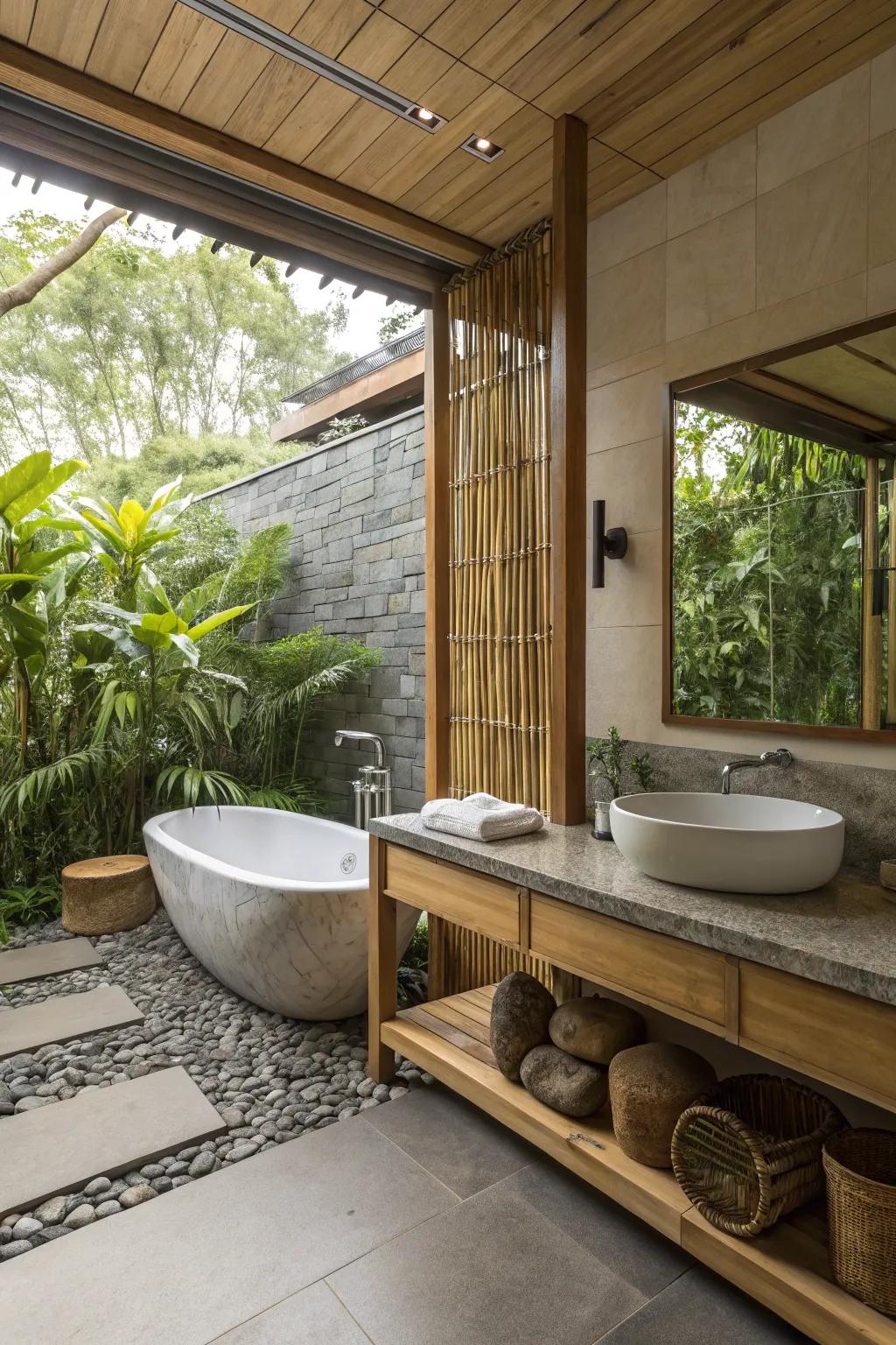 Nature-inspired elements impart a sense of tranquility to bathroom designs.