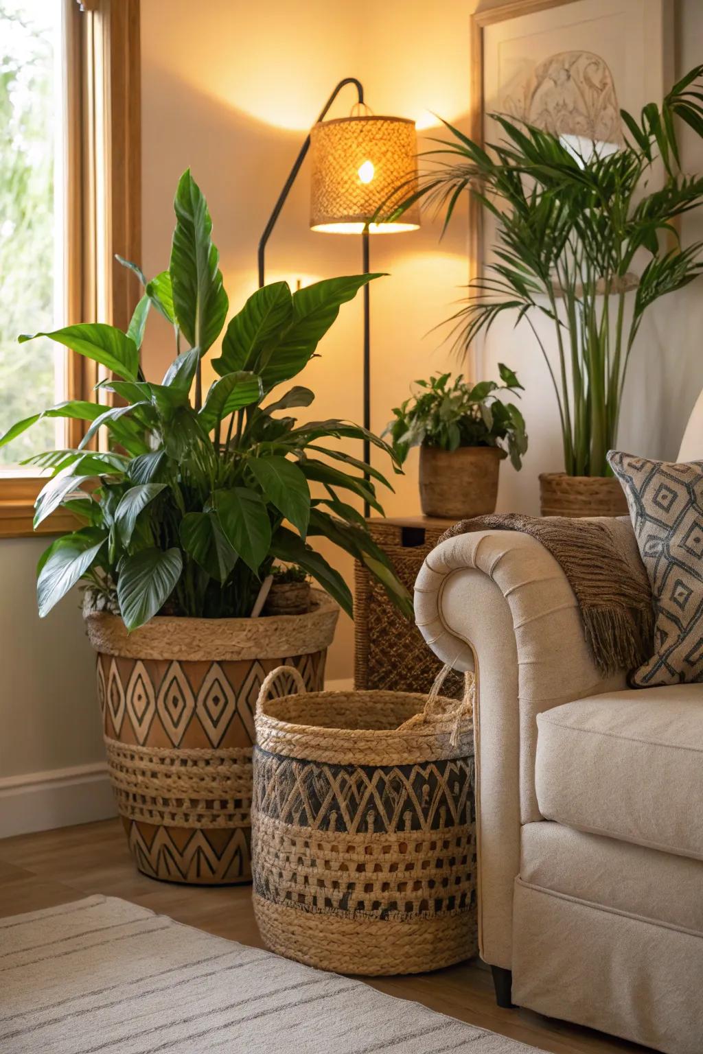 Amplify your home’s charm with plants in baskets.