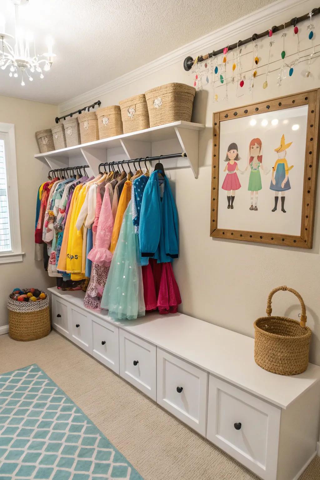 A dress-up corner sparks imaginative play.