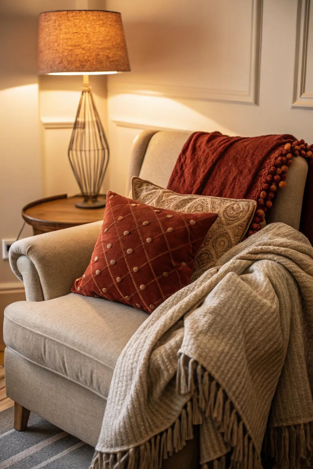 A lavender nook offers a comfortable escape.