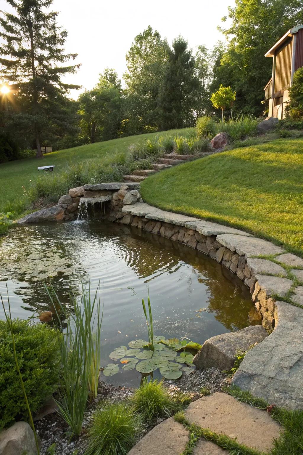 A partially submerged pond harmonizes with the existing landscape, adding interest and charm.