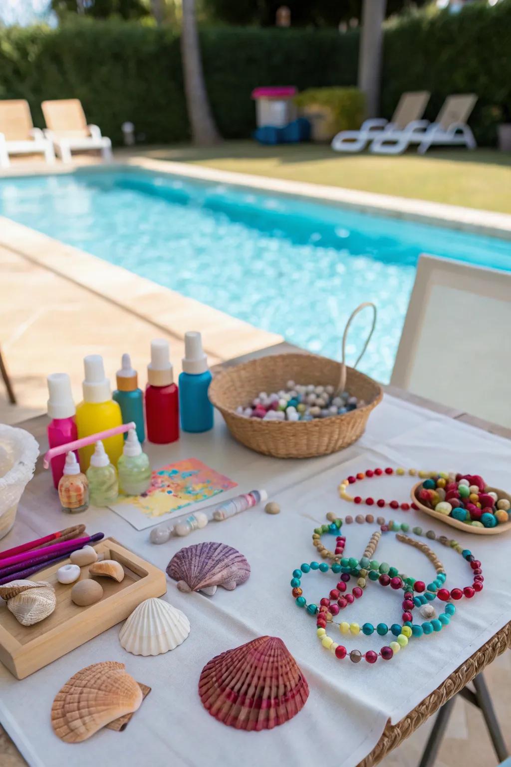 A seashell craft corner offers creative fun for guests.