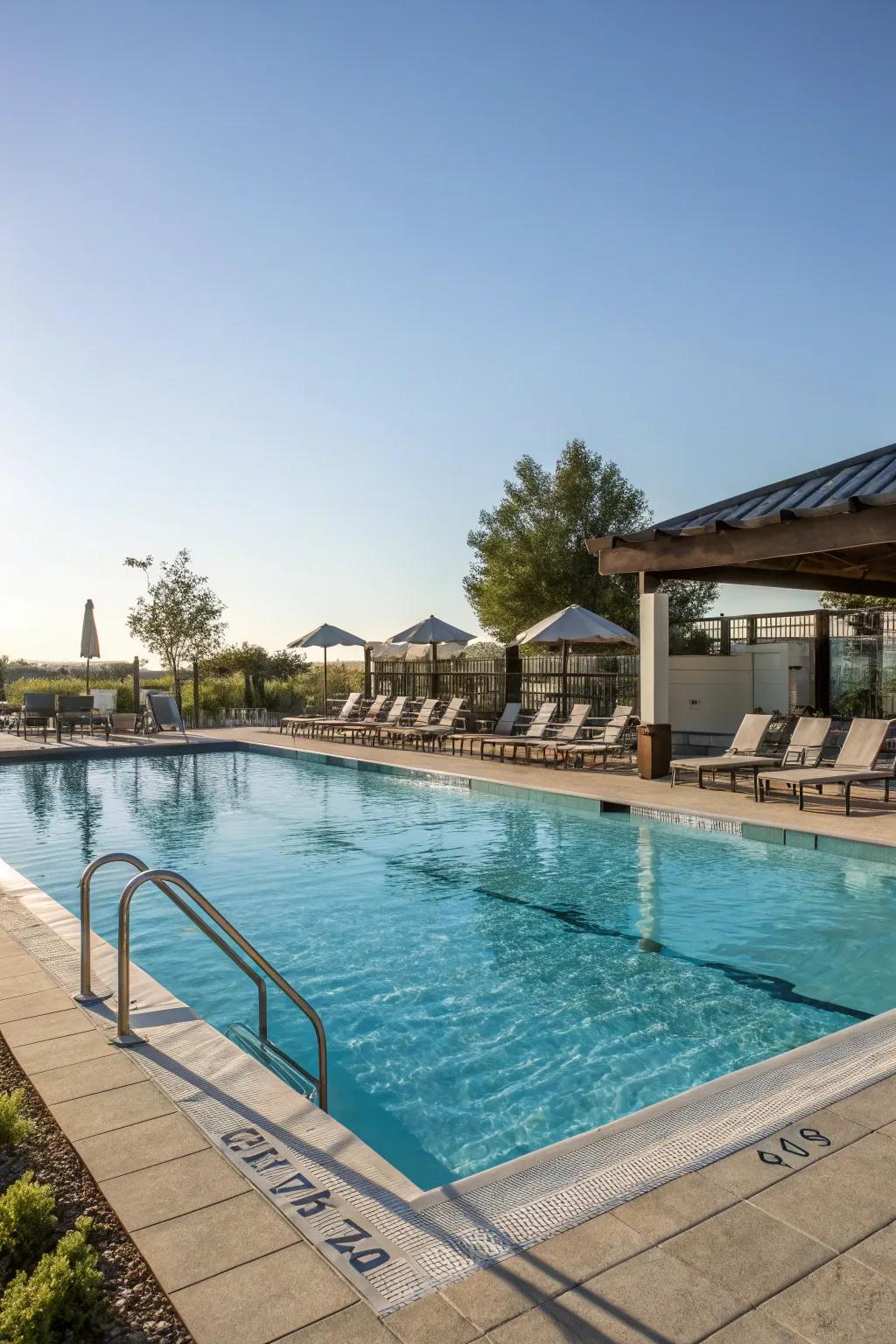 Expansive edging presents a perfect spot for poolside lounging.