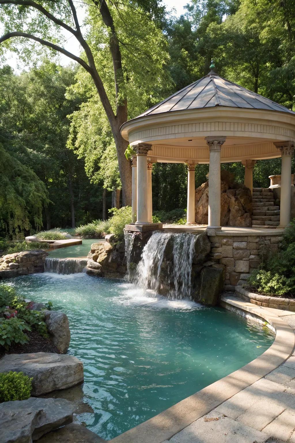 A cascade adds a soothing, resort-like ambiance to your pool sanctuary.
