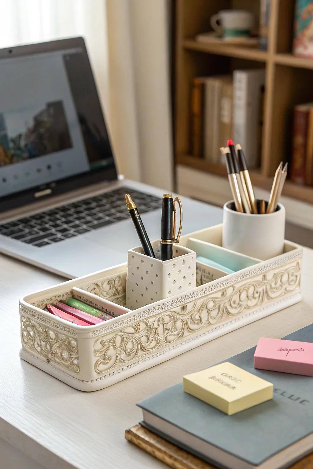 Maintain a tidy workspace with a ceramic desk organizer.