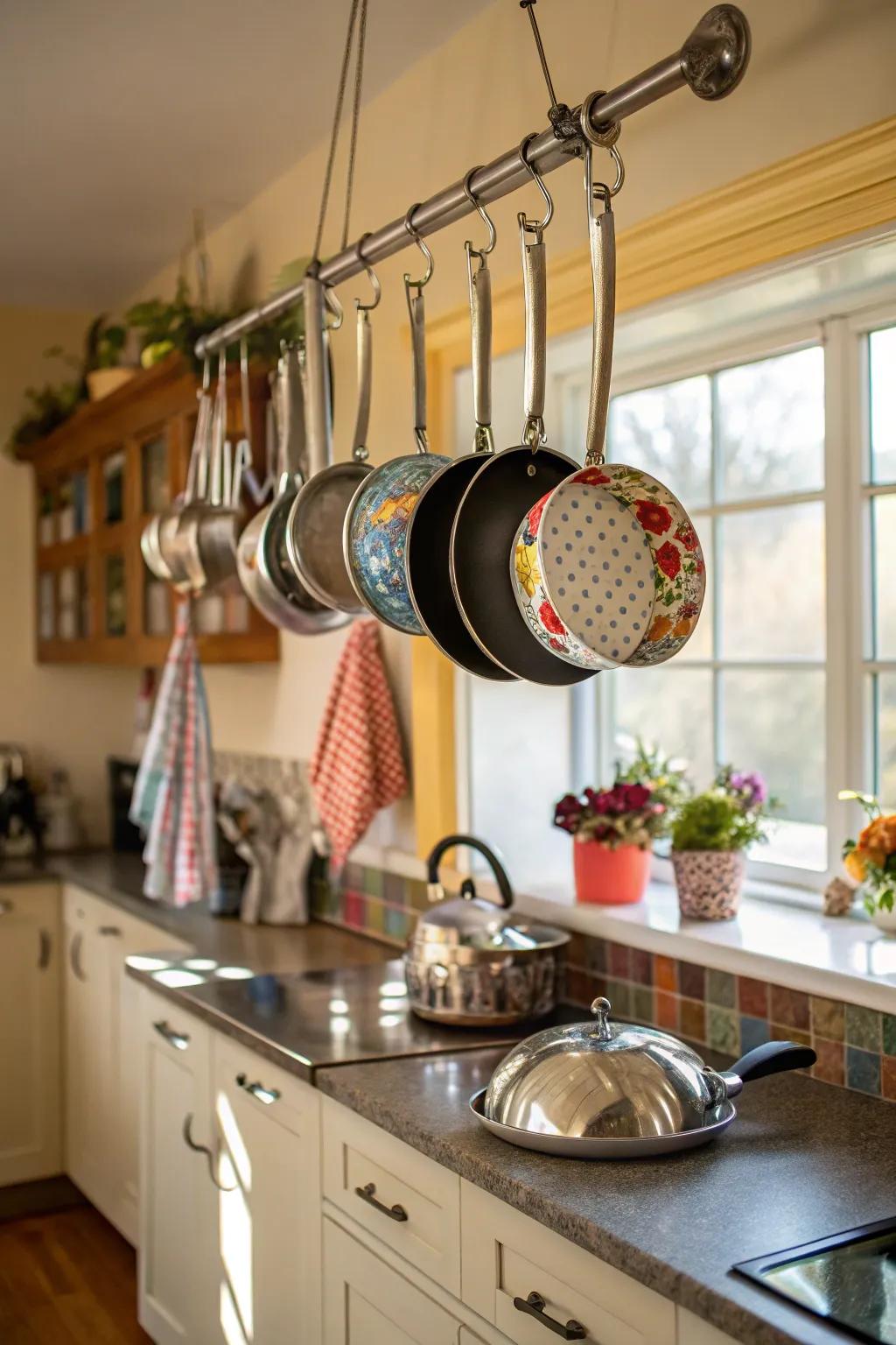 S-hooks on a rod offer storage that’s flexible and can be customized.