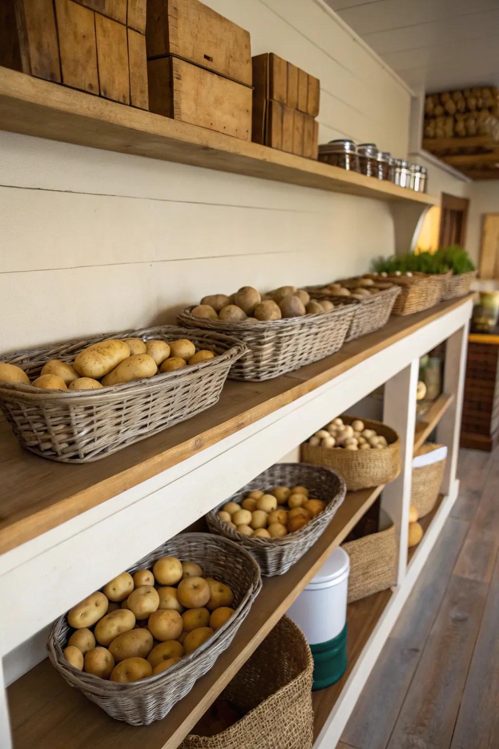 Stylish baskets create a sorted and elegant potato display.
