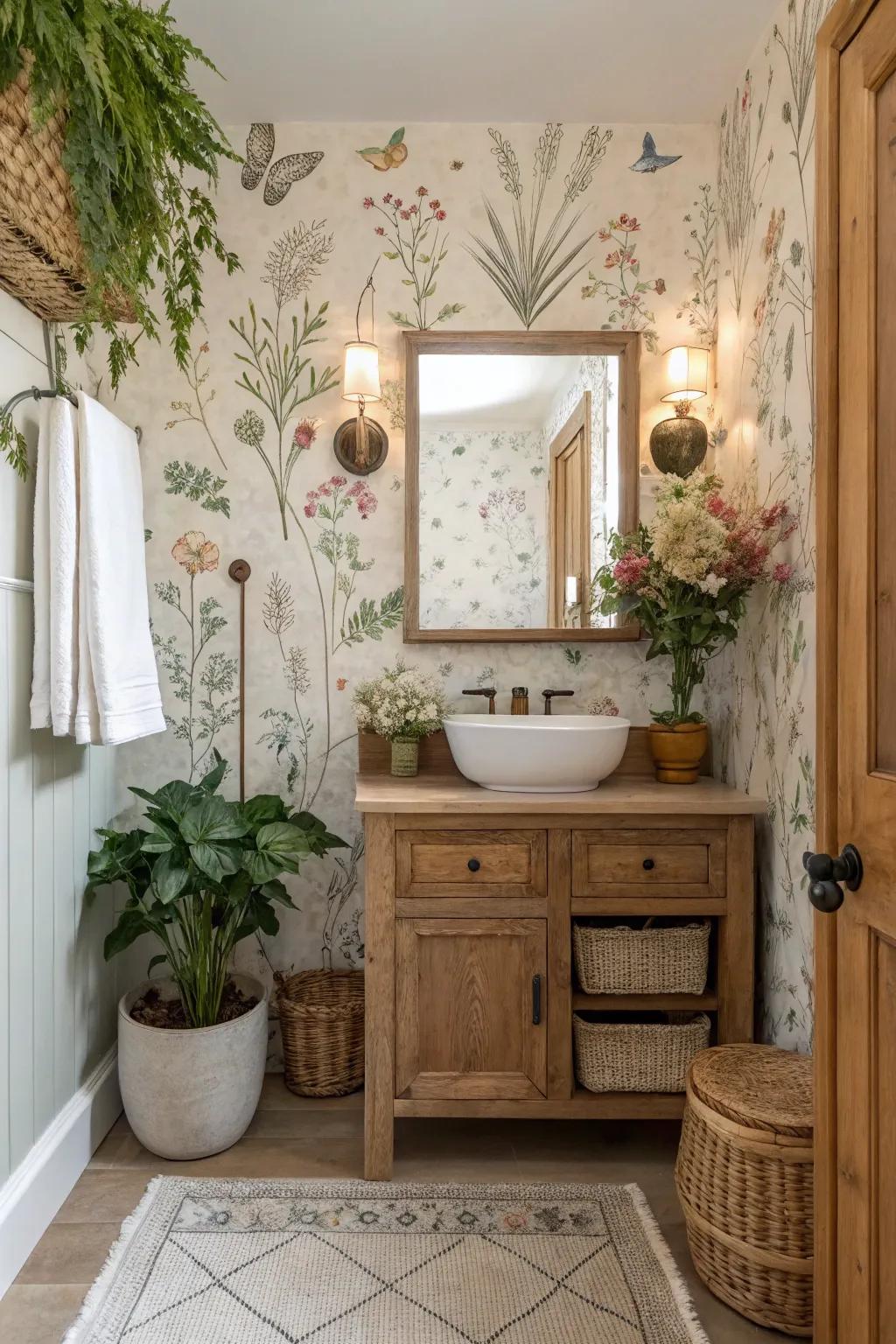 Natural illustrations add lush beauty and vibrancy to your guest bath.