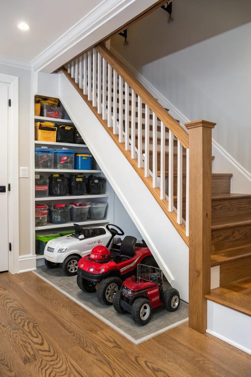 Under-stair storage cleverly concealing electric ride-ons.